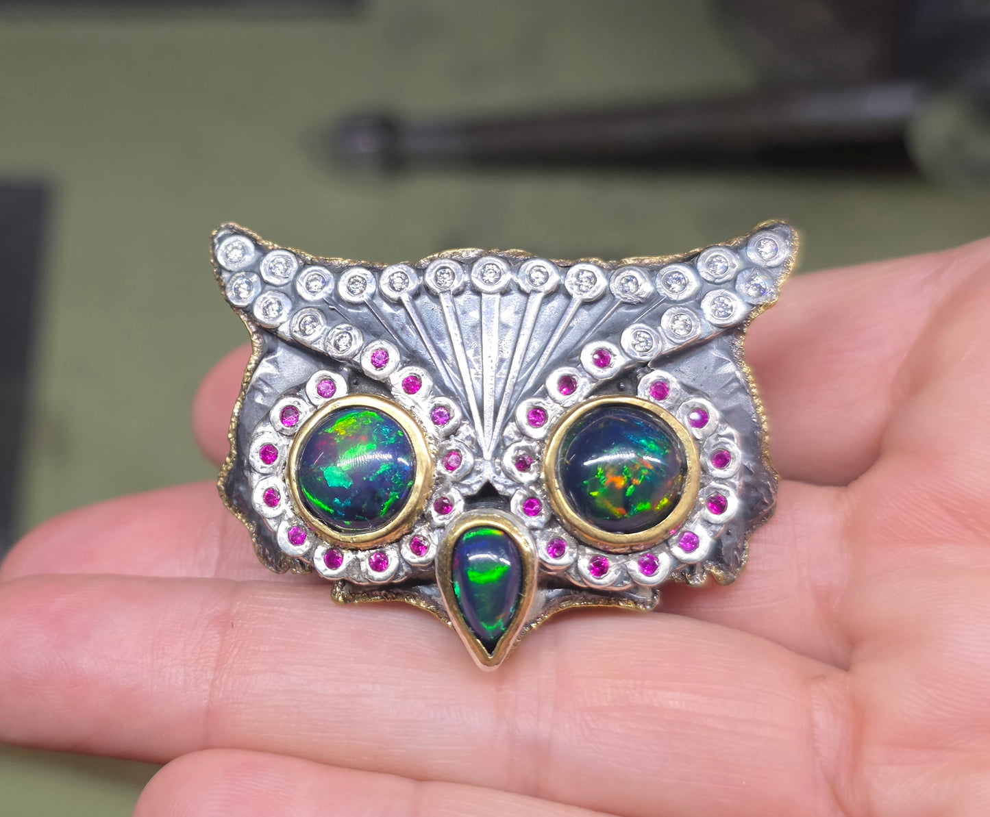 Black Opal Owl Ring Rustic Sterling Silver & Brass #673