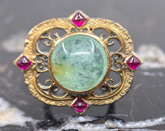 Sterling Silver & Brass Emerald Gemstone Rustic Ring #677