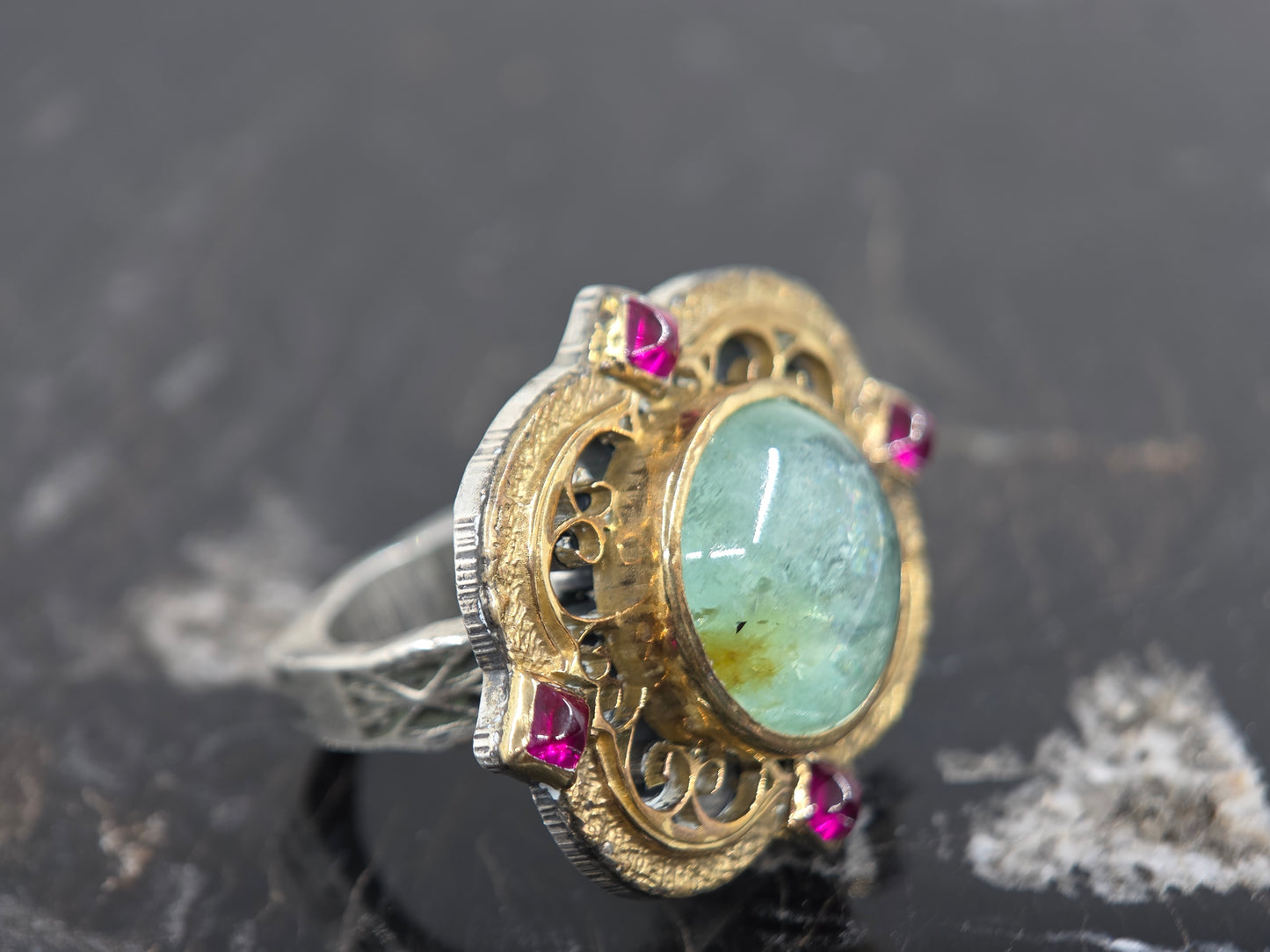 Sterling Silver & Brass Emerald Gemstone Rustic Ring #677