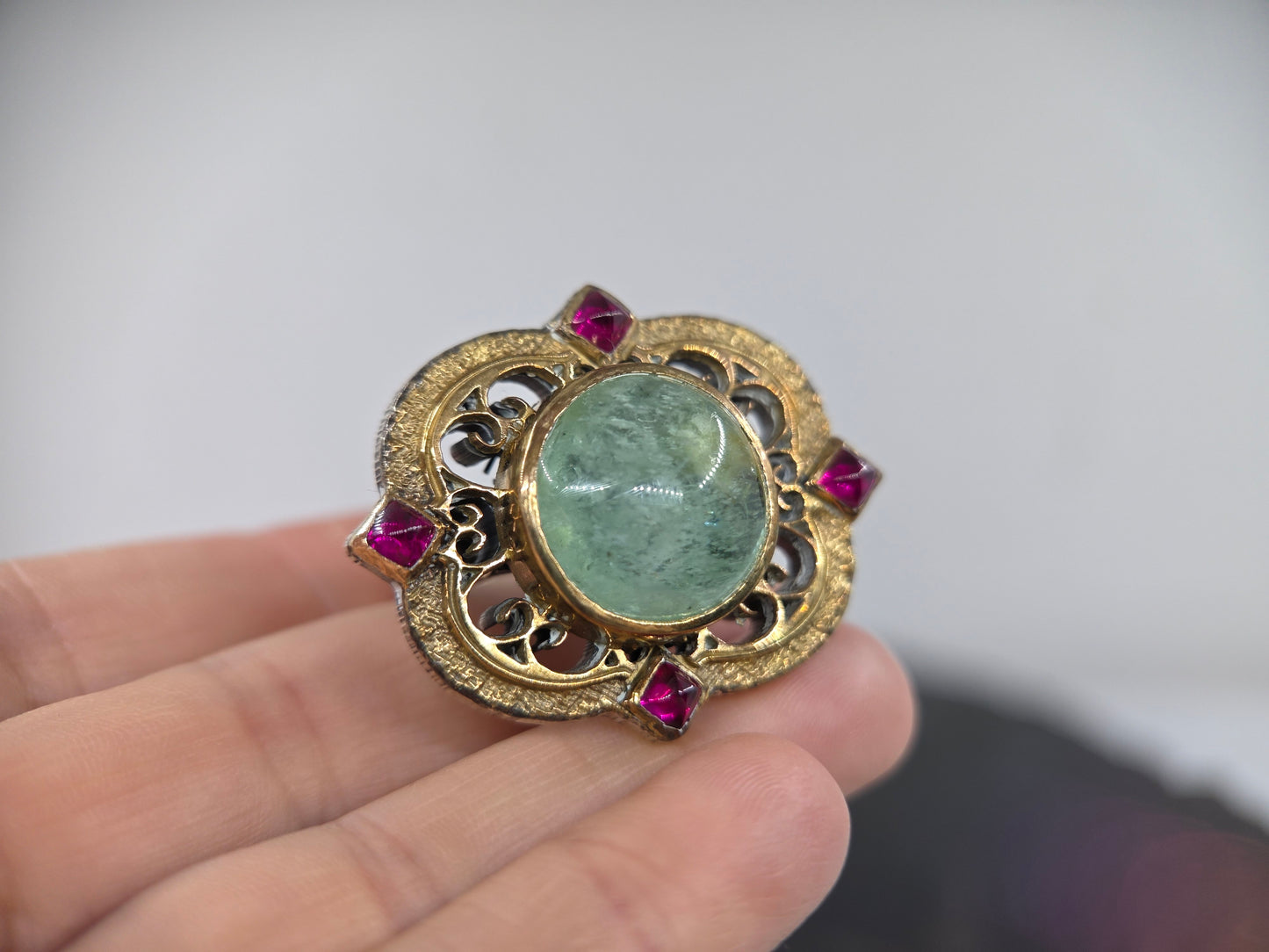 Sterling Silver & Brass Emerald Gemstone Rustic Ring #677