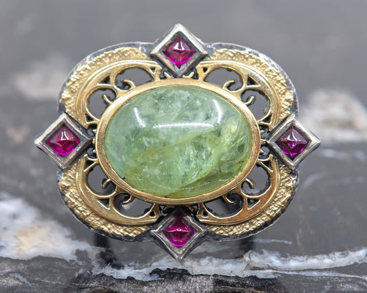 Sterling Silver & Brass Emerald Gemstone Rustic Ring #676