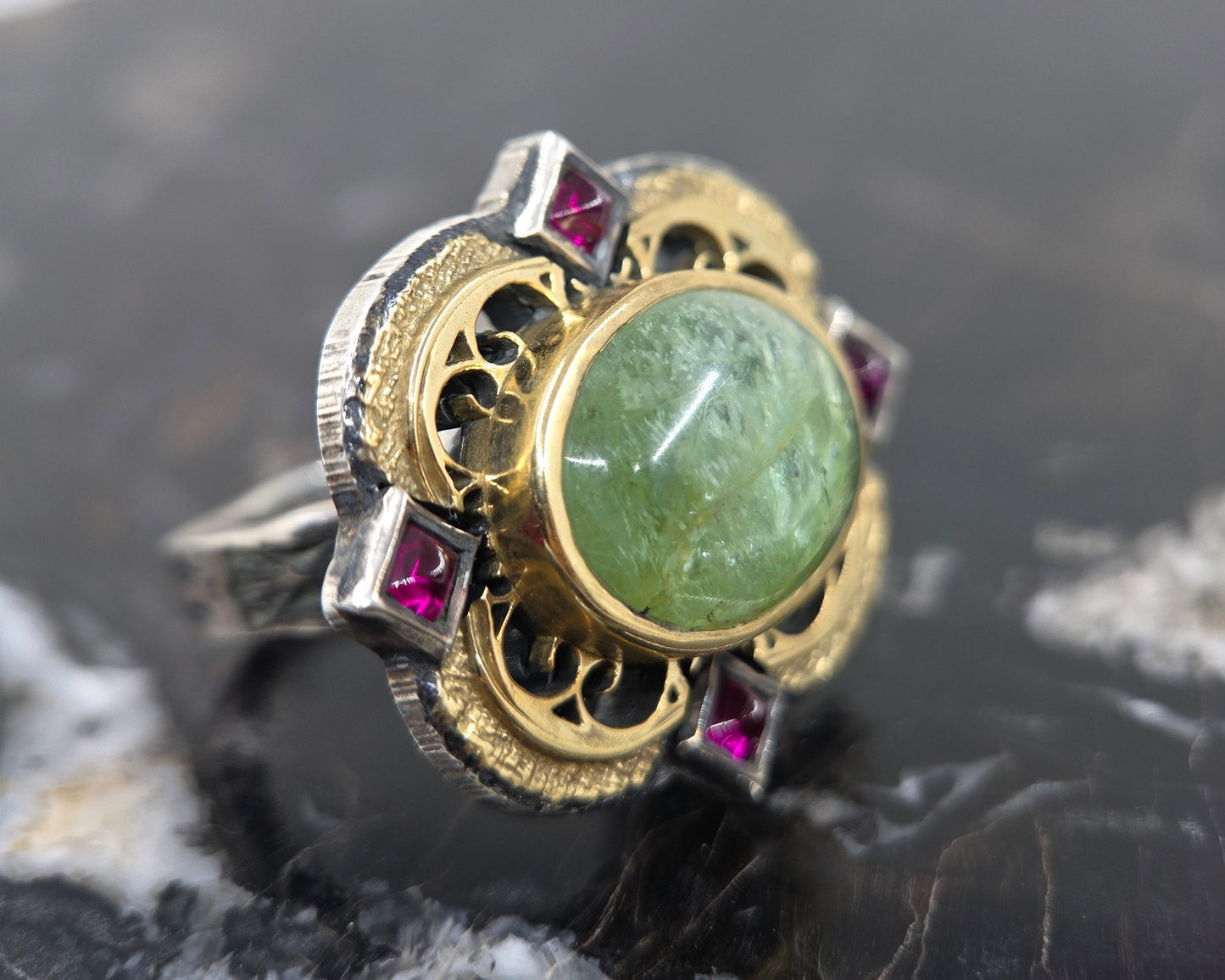 Sterling Silver & Brass Emerald Gemstone Rustic Ring #676