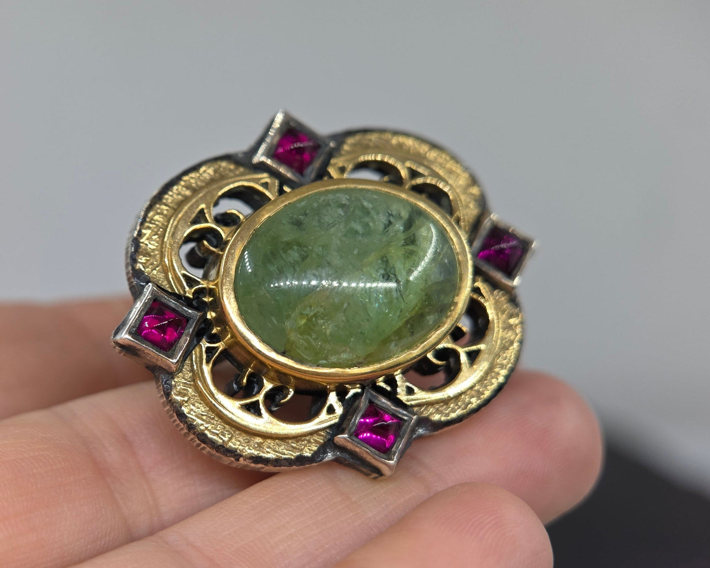 Sterling Silver & Brass Emerald Gemstone Rustic Ring #676