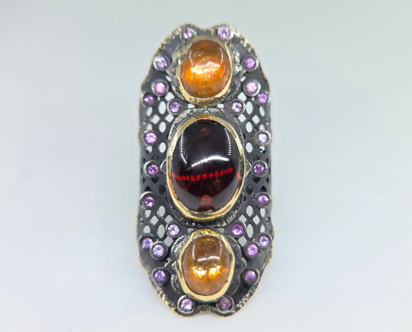Red Garnet  & Sunstone Rustic Sterling Silver & Gold Ring #678