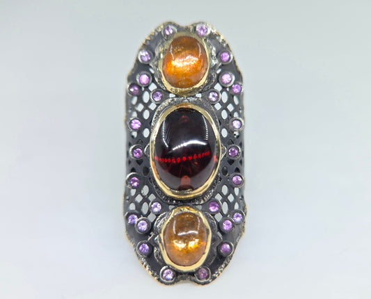 Red Garnet  & Sunstone Rustic Sterling Silver & Gold Ring #678
