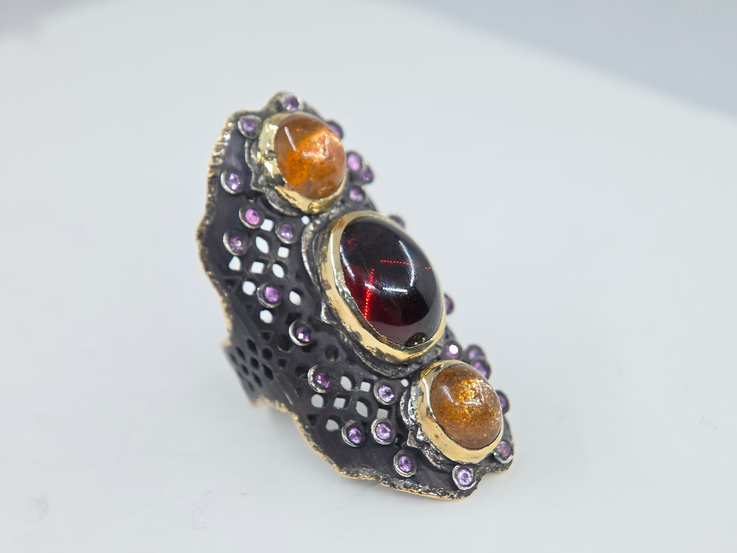 Red Garnet  & Sunstone Rustic Sterling Silver & Gold Ring #678