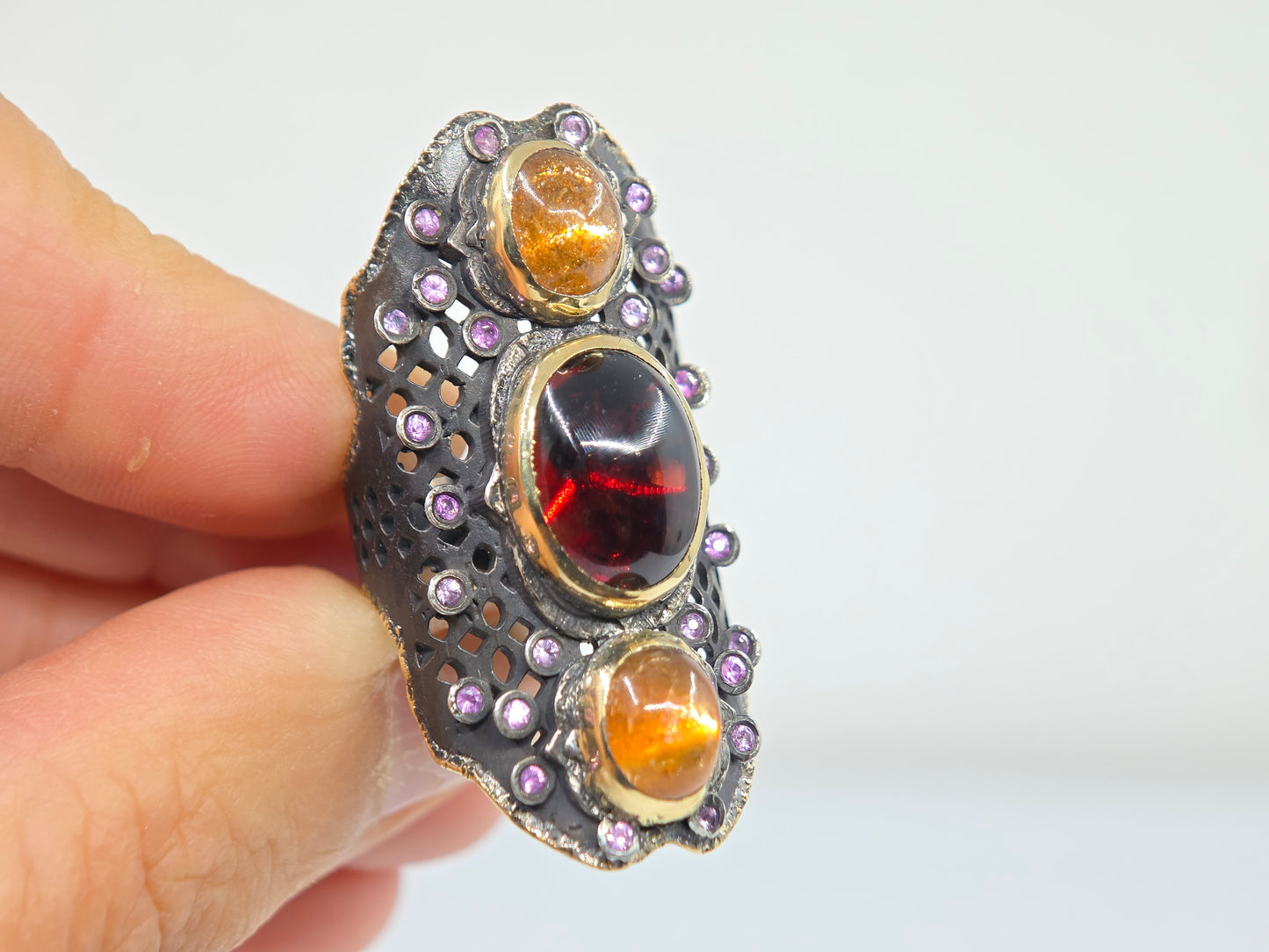 Red Garnet  & Sunstone Rustic Sterling Silver & Gold Ring #678