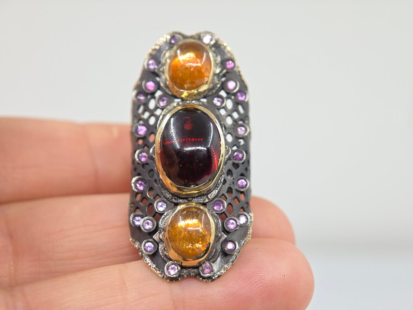 Red Garnet  & Sunstone Rustic Sterling Silver & Gold Ring #678