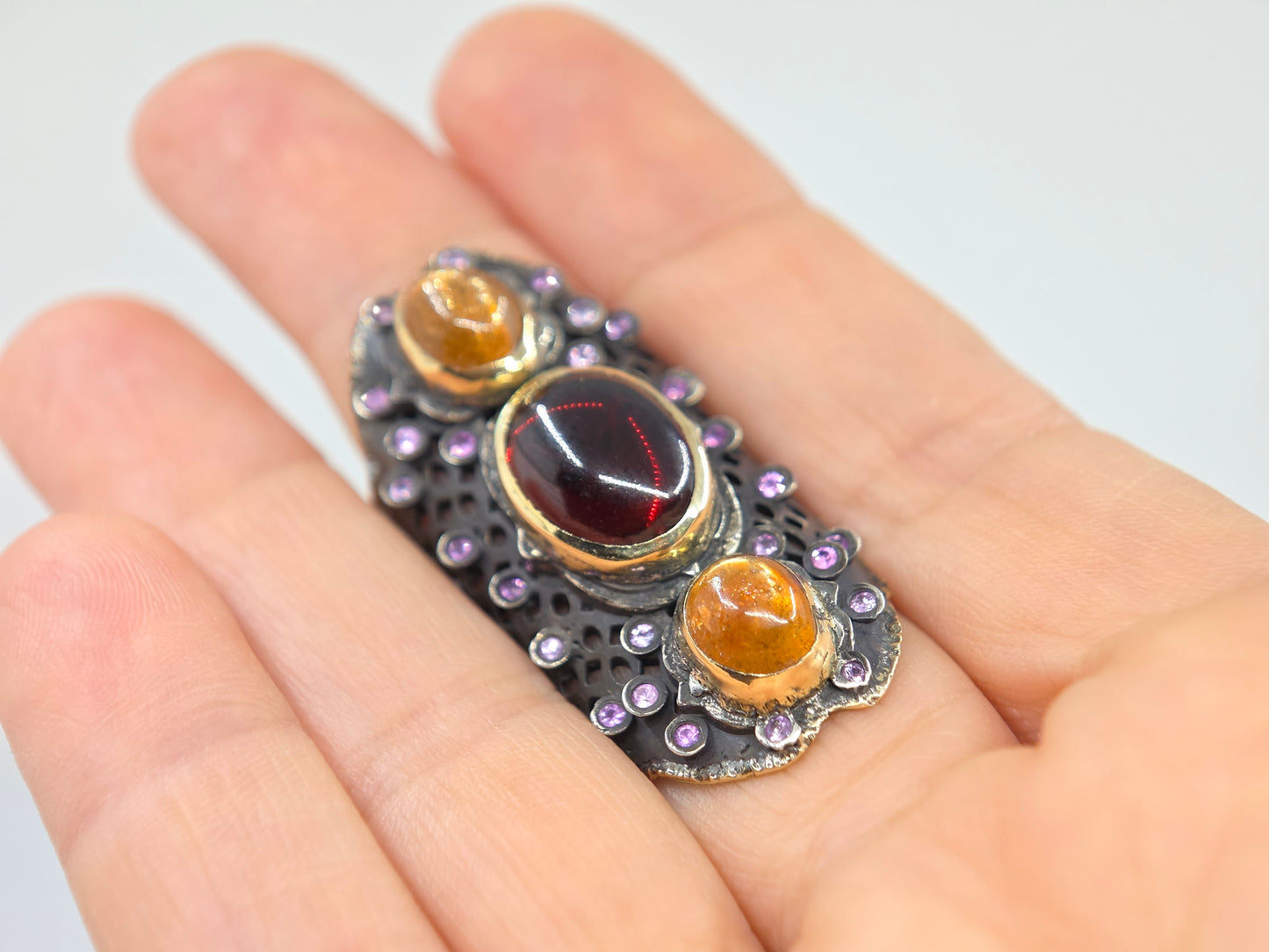 Red Garnet  & Sunstone Rustic Sterling Silver & Gold Ring #678