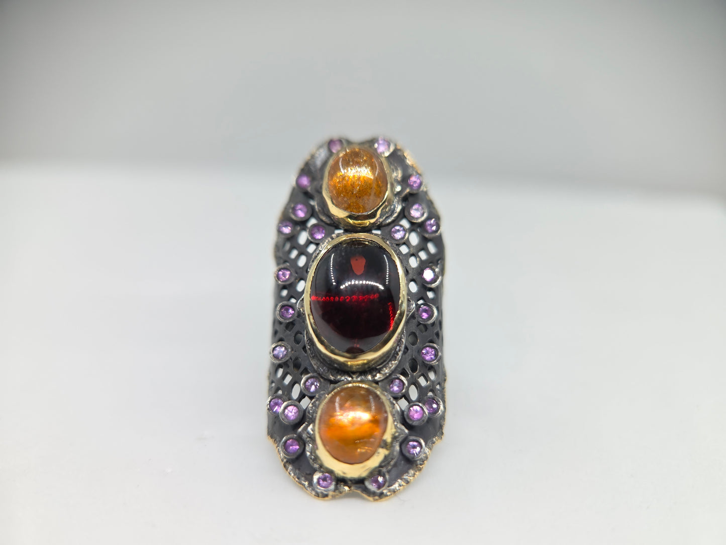 Red Garnet  & Sunstone Rustic Sterling Silver & Gold Ring #678
