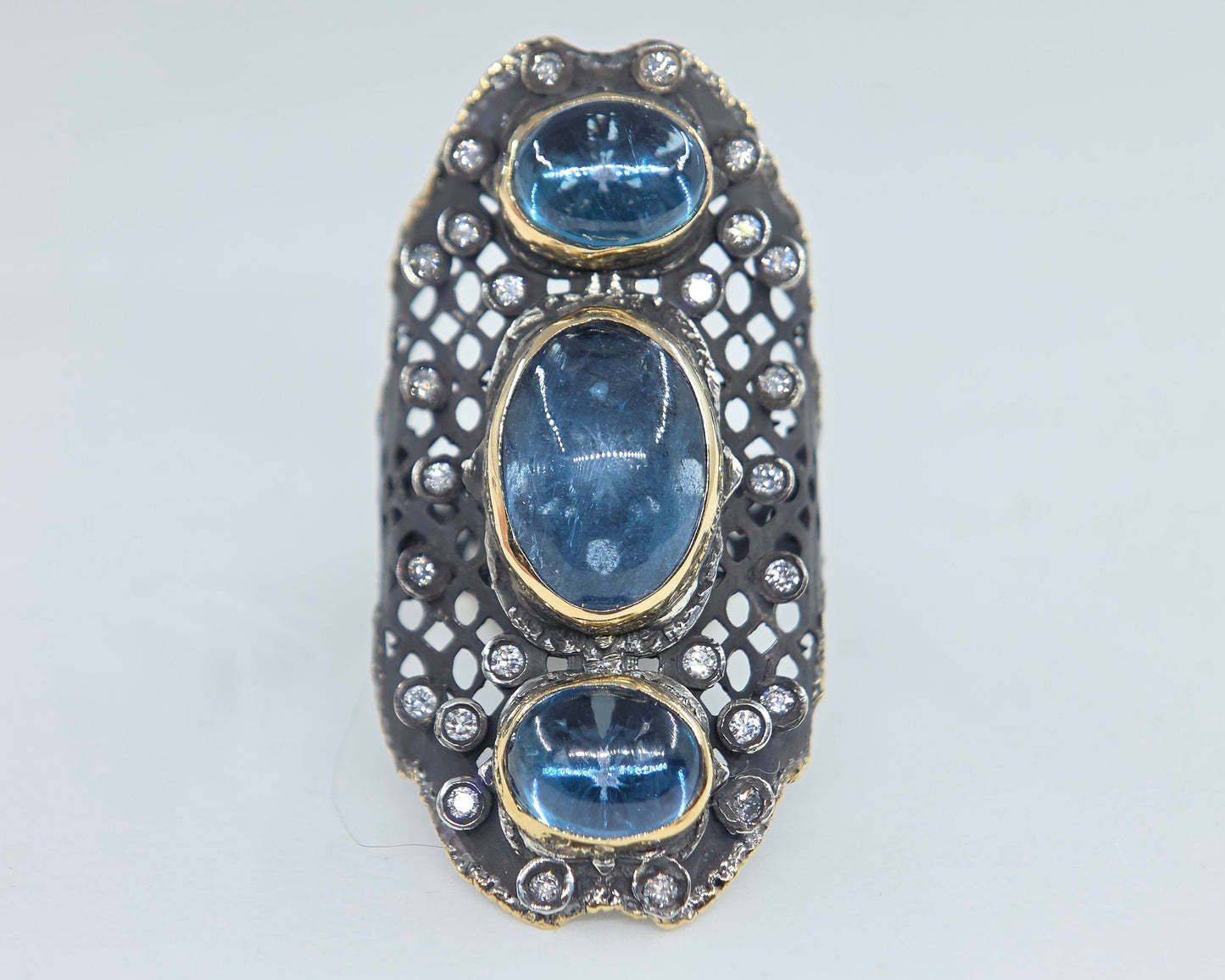Aquamarine Blue Gemstone Rustic Sterling Silver & Gold Ring #679