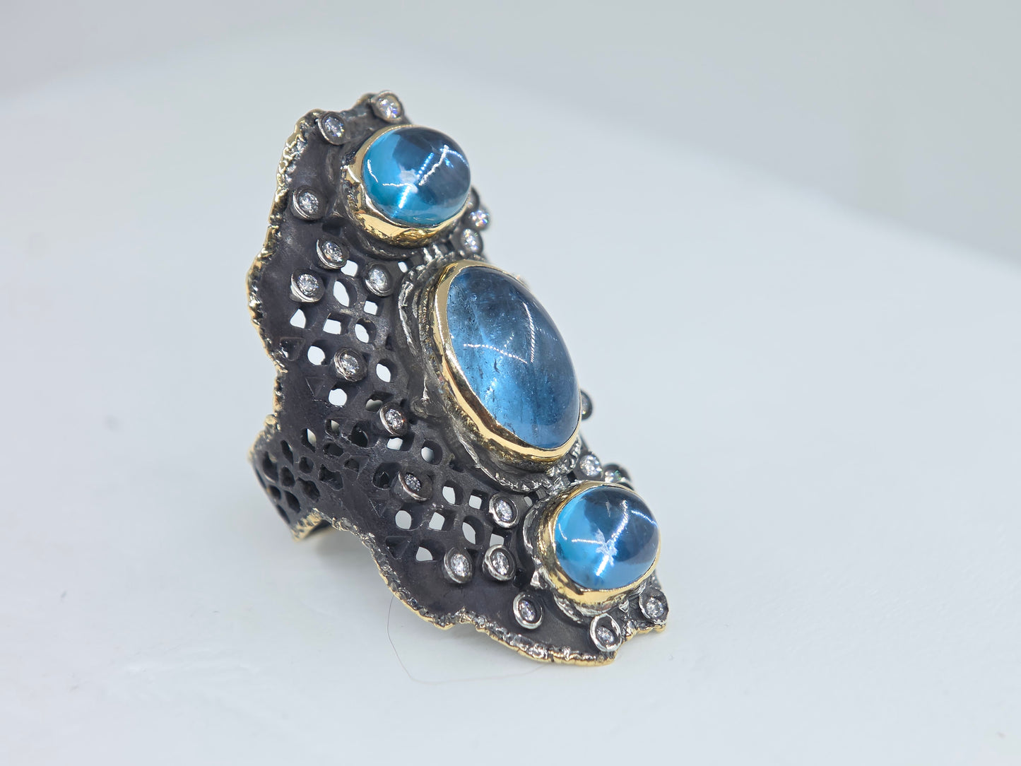 Aquamarine Blue Gemstone Rustic Sterling Silver & Gold Ring #679