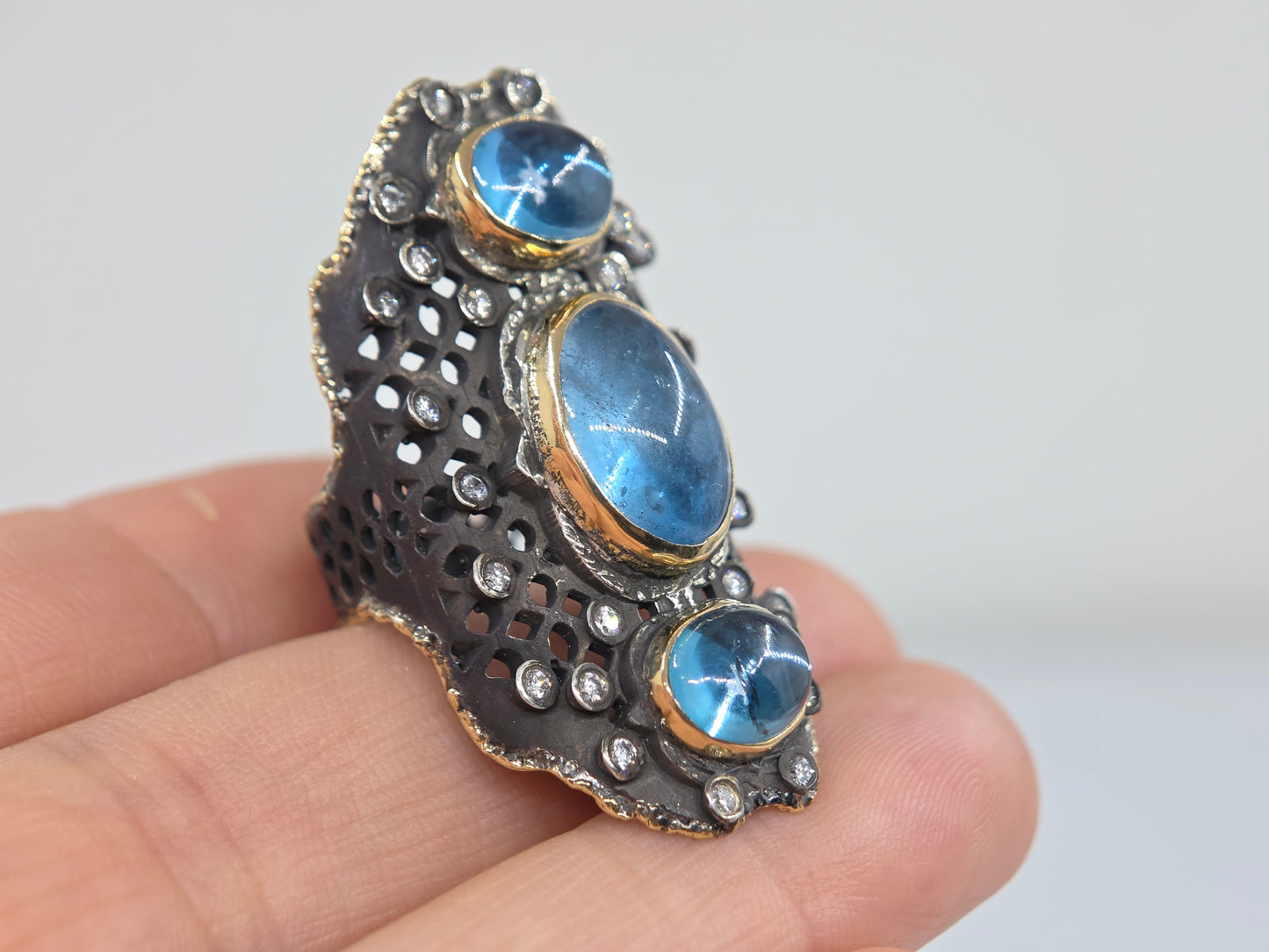 Aquamarine Blue Gemstone Rustic Sterling Silver & Gold Ring #679