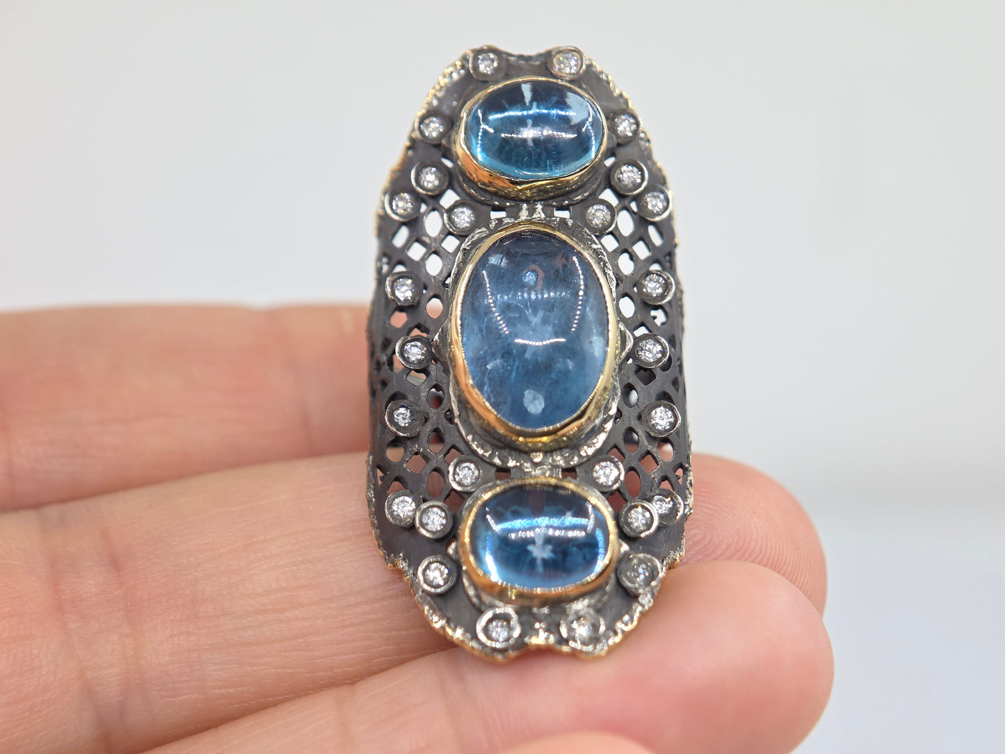 Aquamarine Blue Gemstone Rustic Sterling Silver & Gold Ring #679
