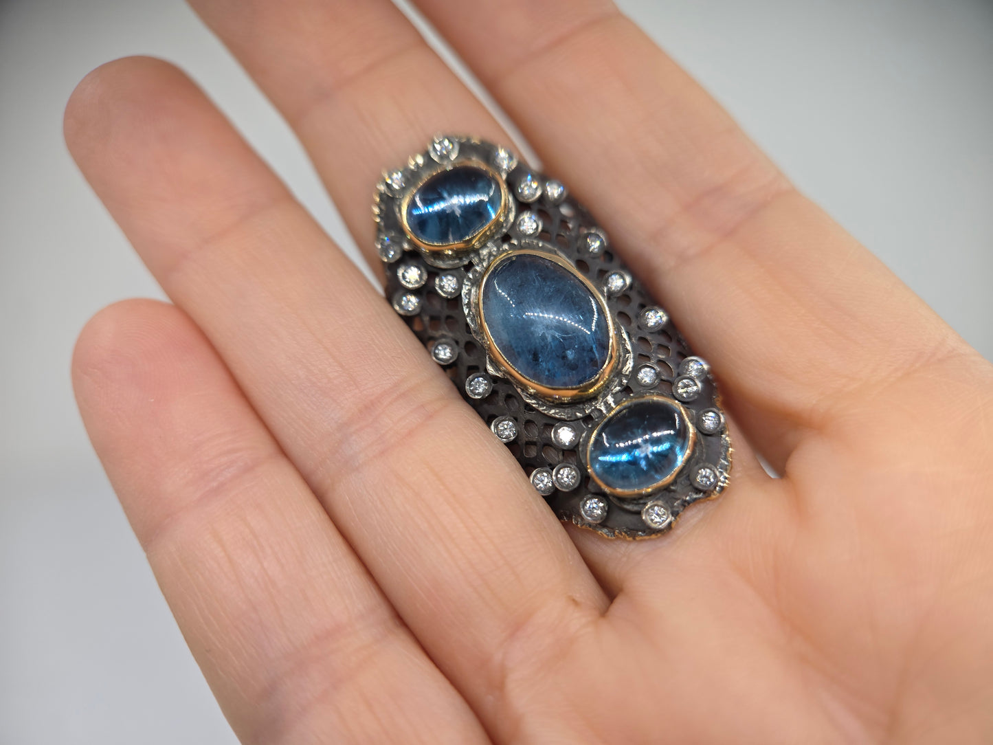 Aquamarine Blue Gemstone Rustic Sterling Silver & Gold Ring #679