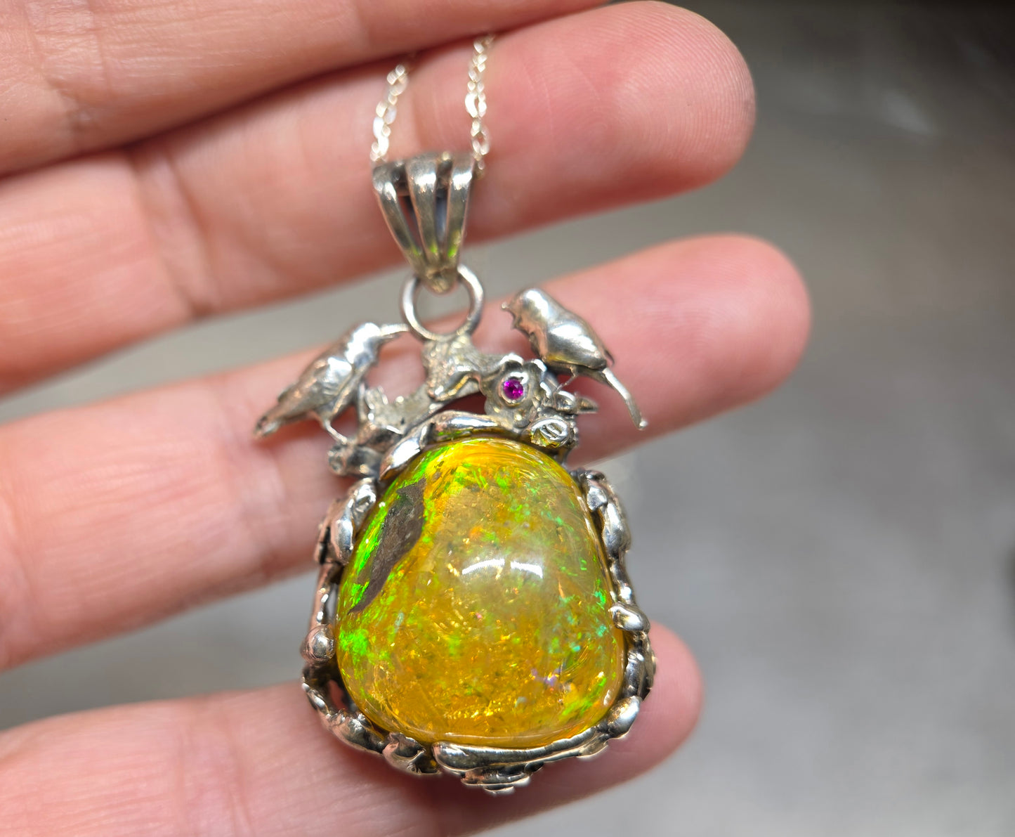 Natural Opal Specimen Pendant Sterling Silver Bird Jewelry #681