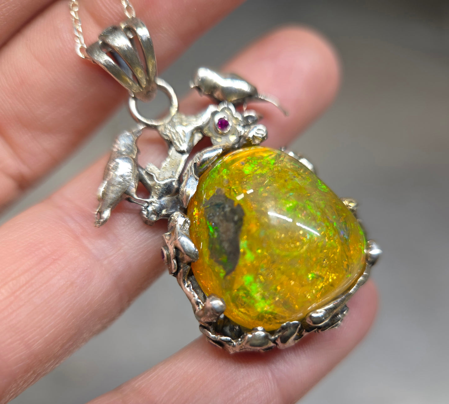 Natural Opal Specimen Pendant Sterling Silver Bird Jewelry #681