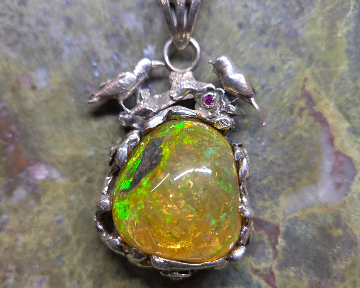 Natural Opal Specimen Pendant Sterling Silver Bird Jewelry #681