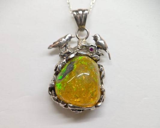 Natural Opal Specimen Pendant Sterling Silver Bird Jewelry #681