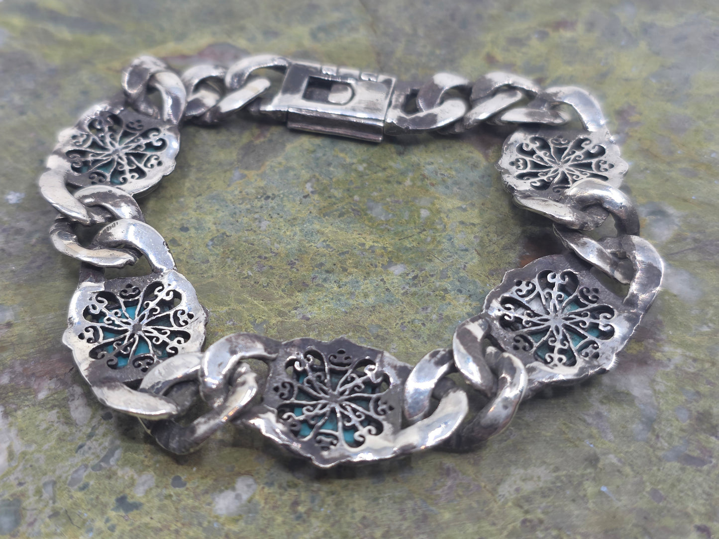 Rustic Silver Arizona Turquoise Link Bracelet #684