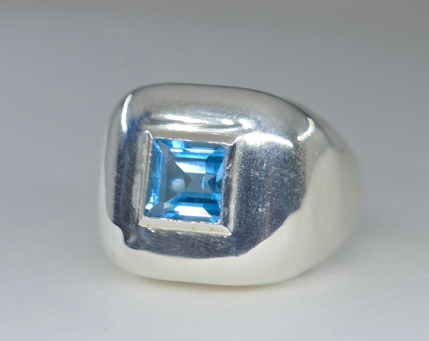 Sterling Silver Blue Topaz Gemstone Signet Ring #685