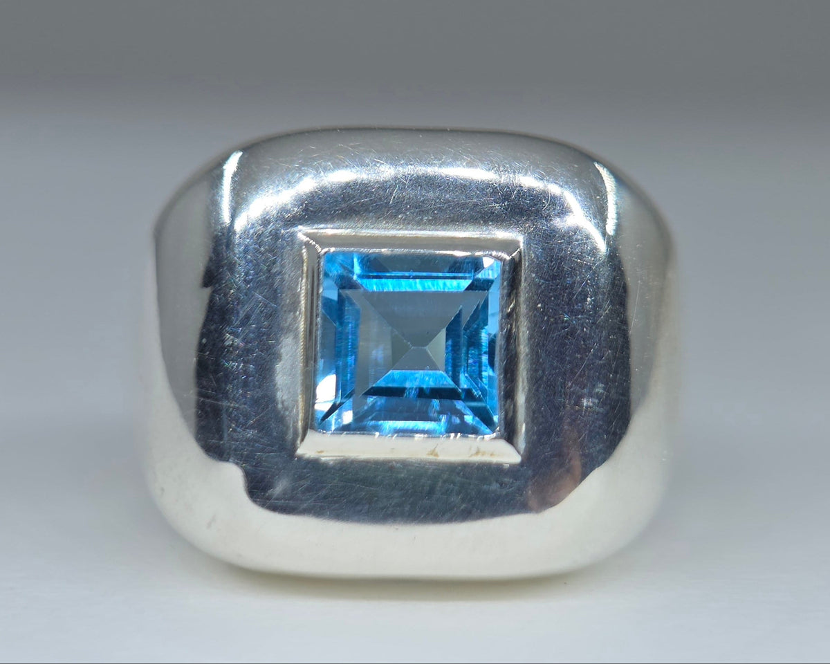 Sterling Silver Blue Topaz Gemstone Signet Ring #685