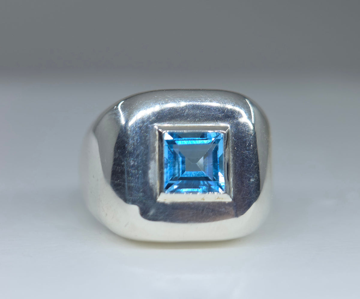 Sterling Silver Blue Topaz Gemstone Signet Ring #685