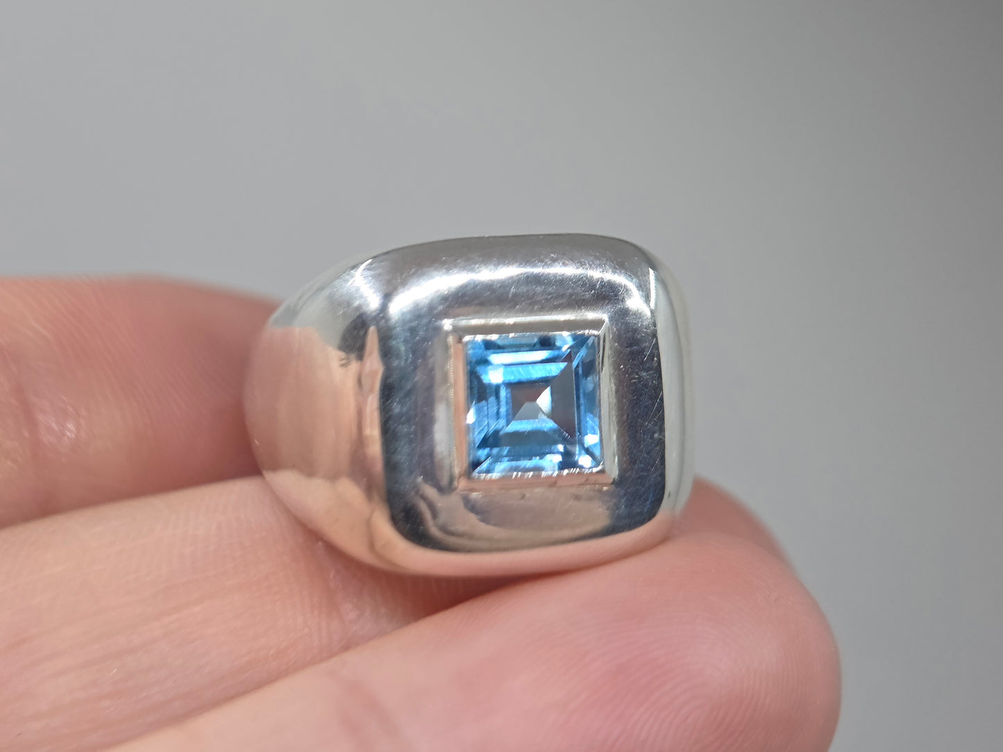 Sterling Silver Blue Topaz Gemstone Signet Ring #685