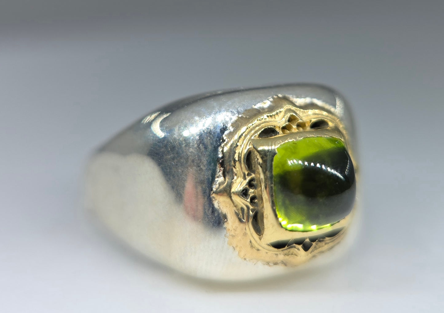 Sterling Silver & Brass Green Peridot Gemstone Signet Ring #686