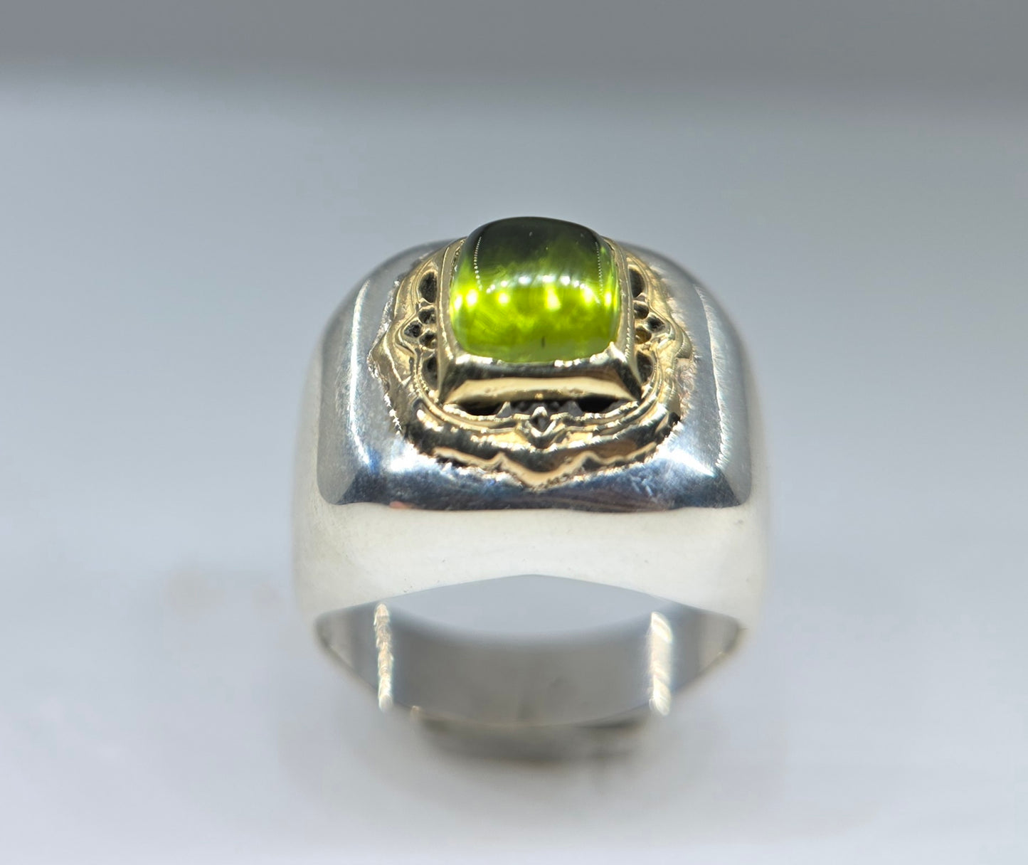 Sterling Silver & Brass Green Peridot Gemstone Signet Ring #686