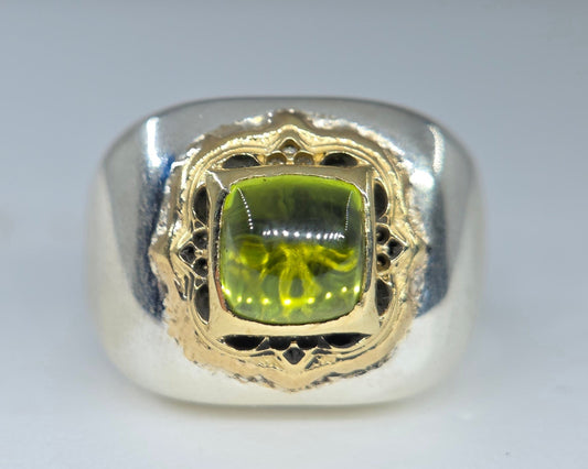 Sterling Silver & Brass Green Peridot Gemstone Signet Ring #686