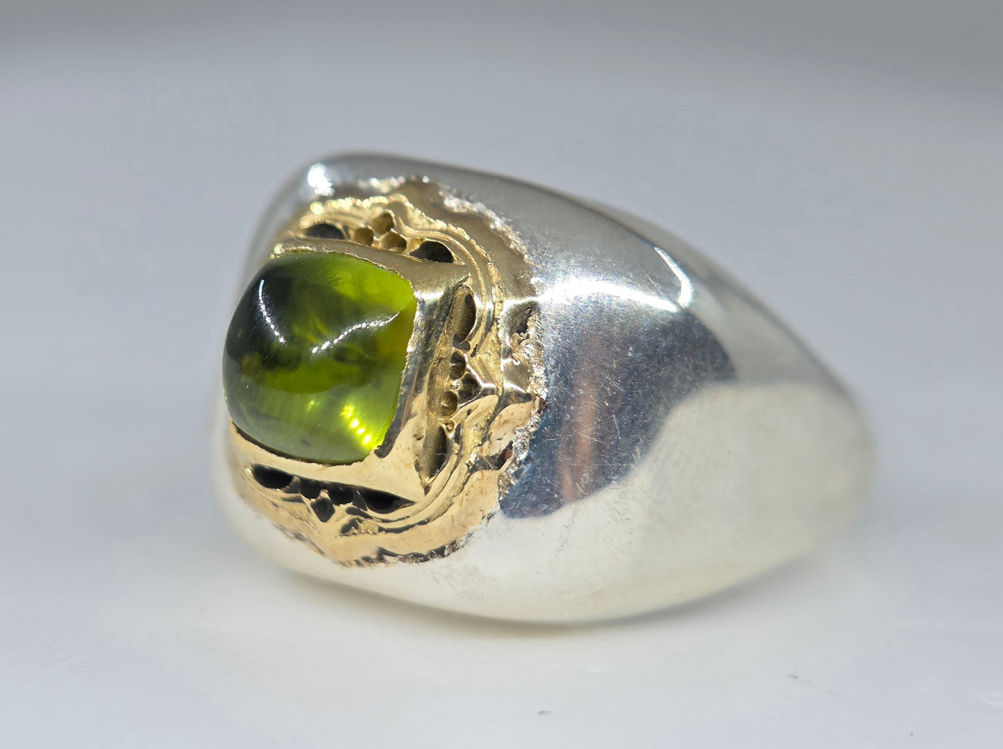 Sterling Silver & Brass Green Peridot Gemstone Signet Ring #686