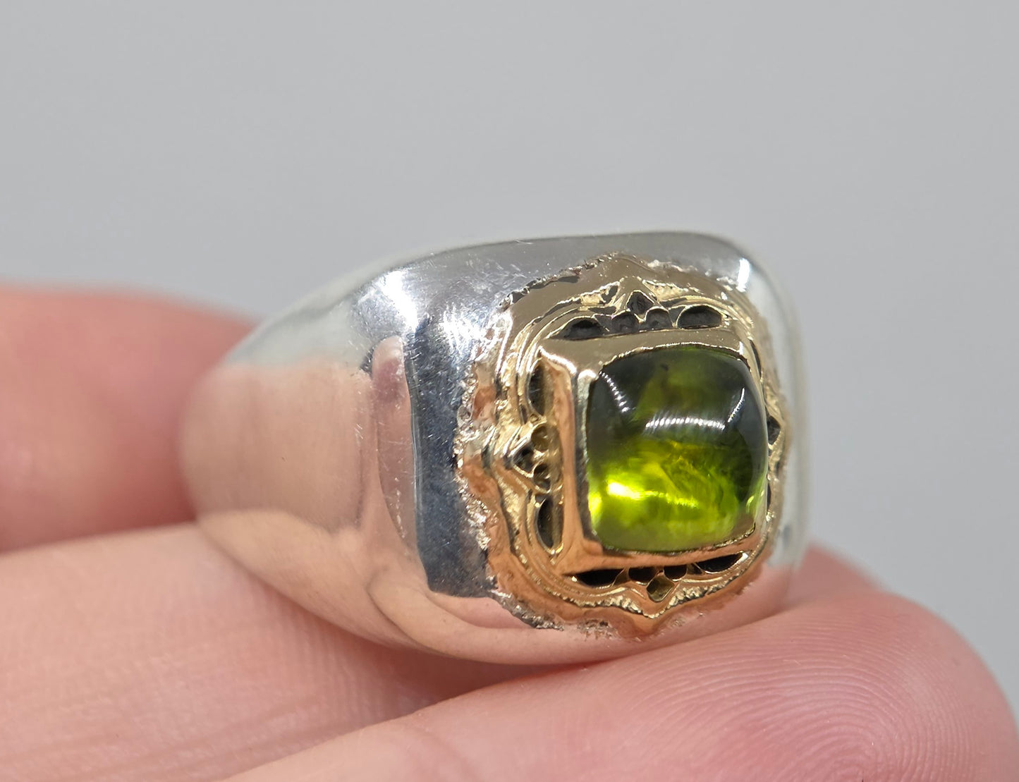 Sterling Silver & Brass Green Peridot Gemstone Signet Ring #686