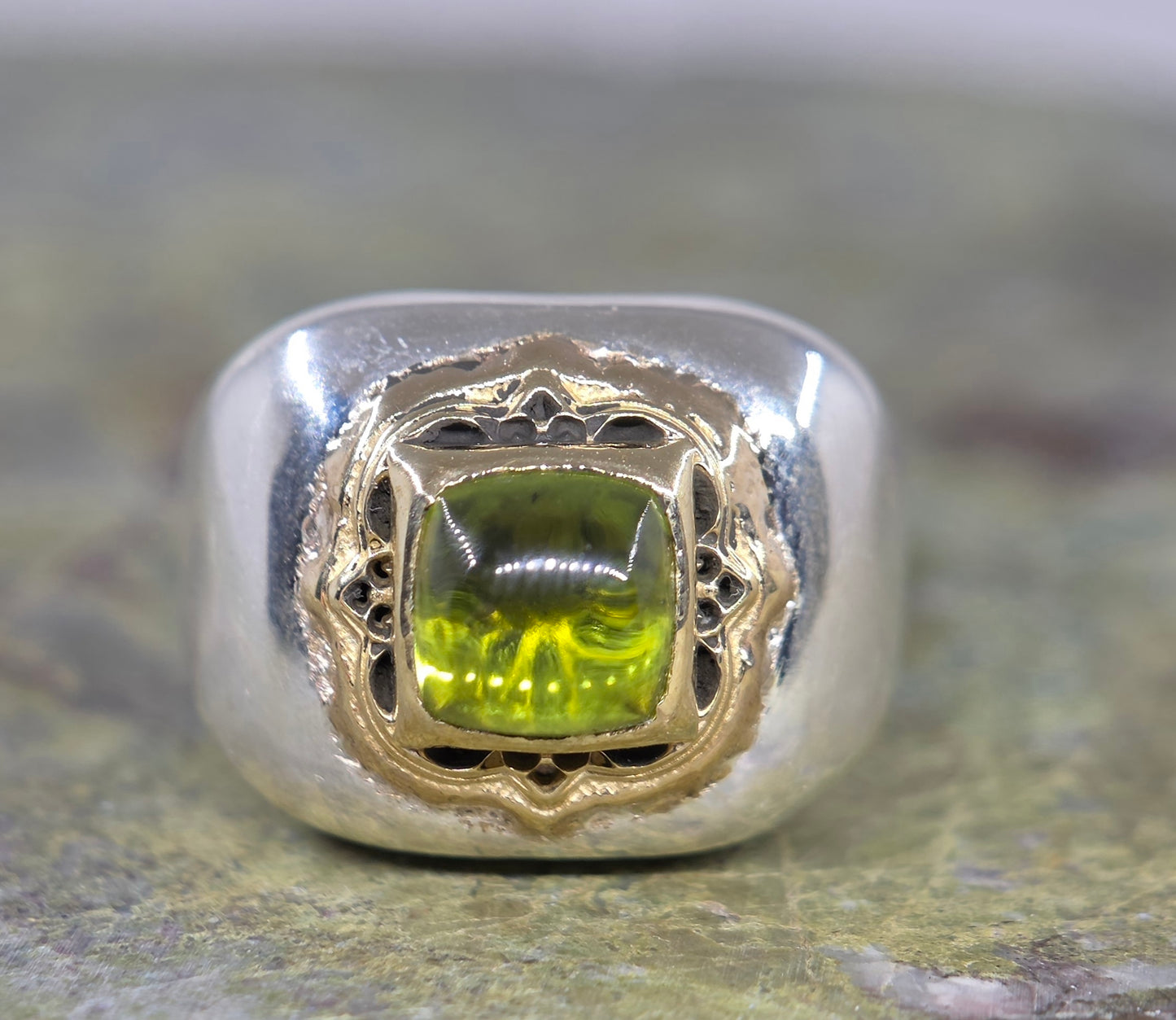 Sterling Silver & Brass Green Peridot Gemstone Signet Ring #686