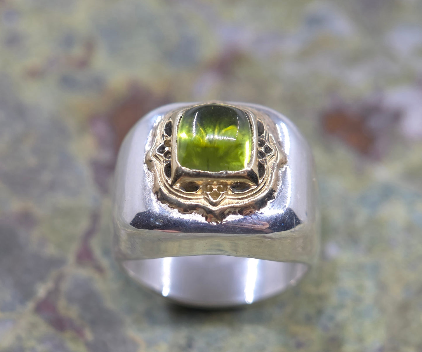 Sterling Silver & Brass Green Peridot Gemstone Signet Ring #686