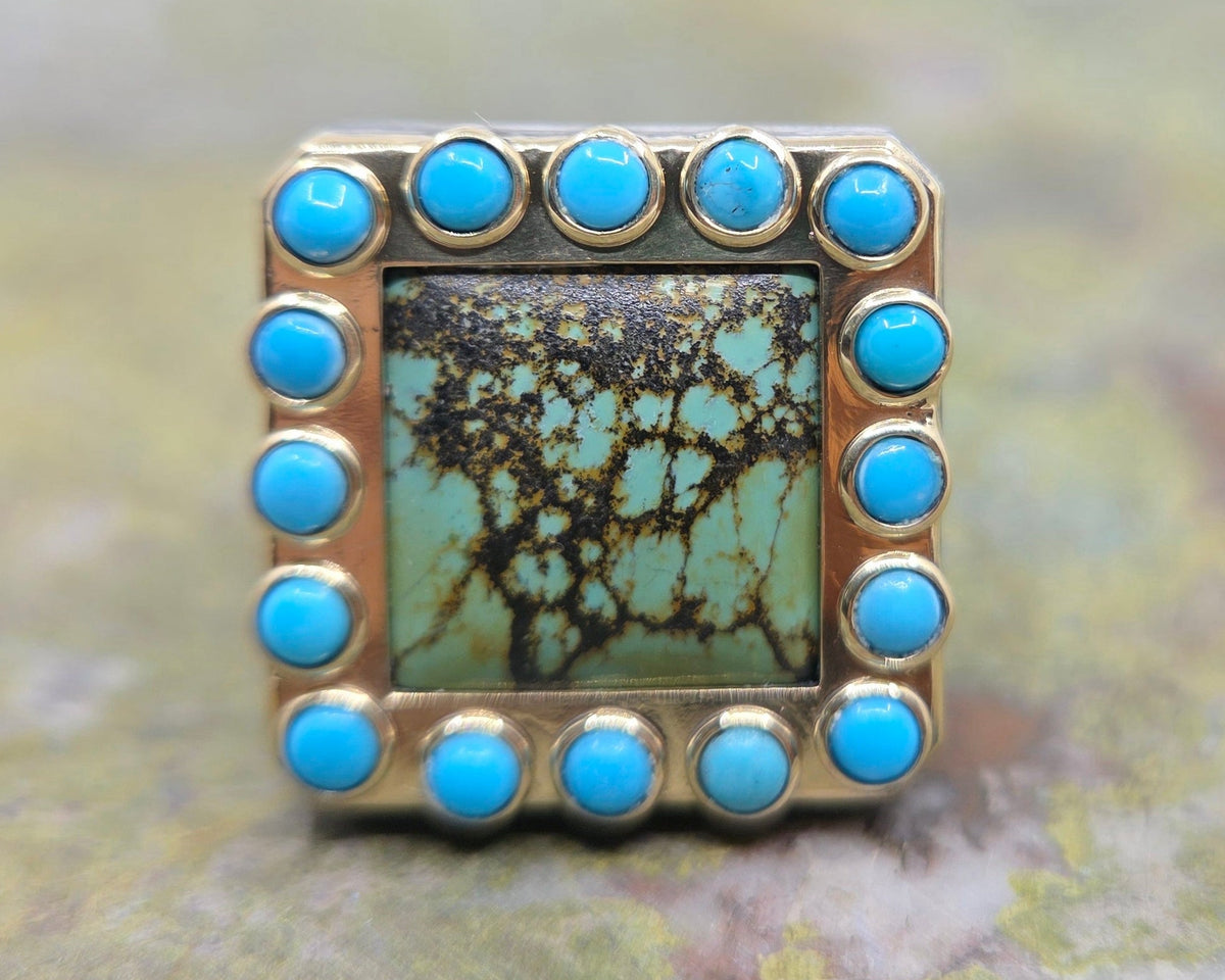Turquoise Rustic Sterling Silver & Gold Ring #689