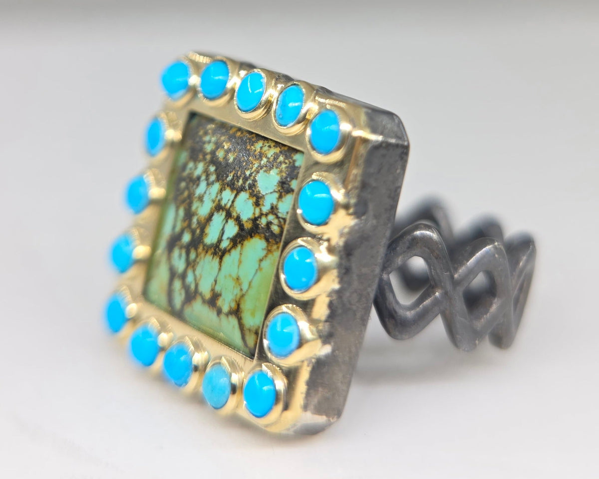 Turquoise Rustic Sterling Silver & Gold Ring #689
