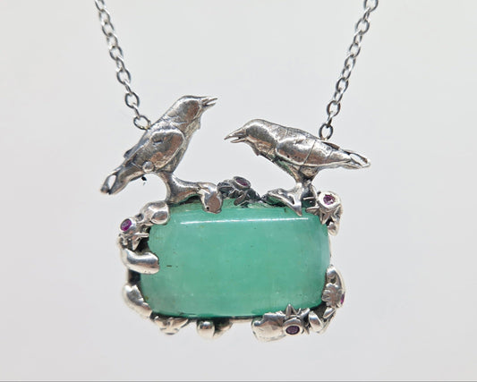 Natural Emerald Pendant Sterling Silver Crow Bird Jewelry #683