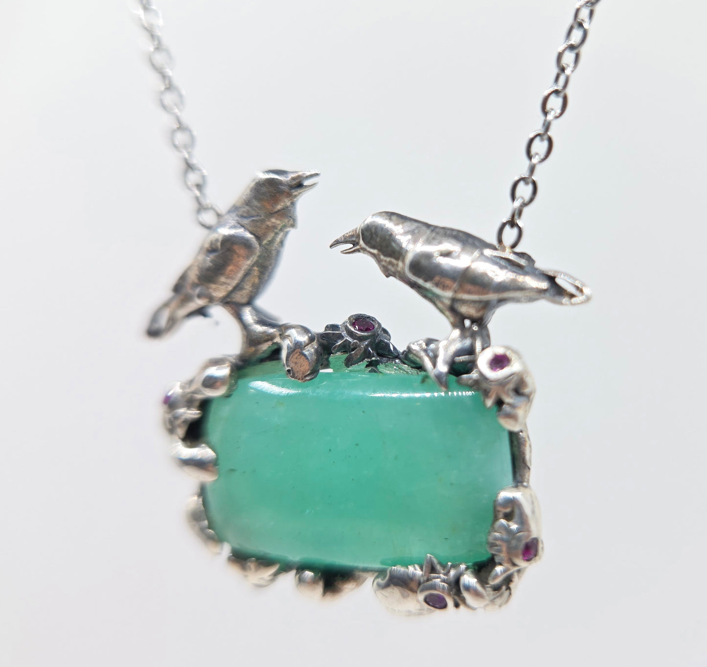 Natural Emerald Pendant Sterling Silver Crow Bird Jewelry #683