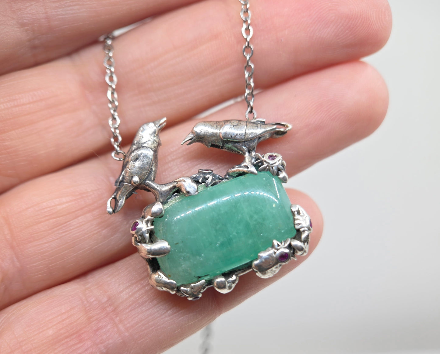 Natural Emerald Pendant Sterling Silver Crow Bird Jewelry #683