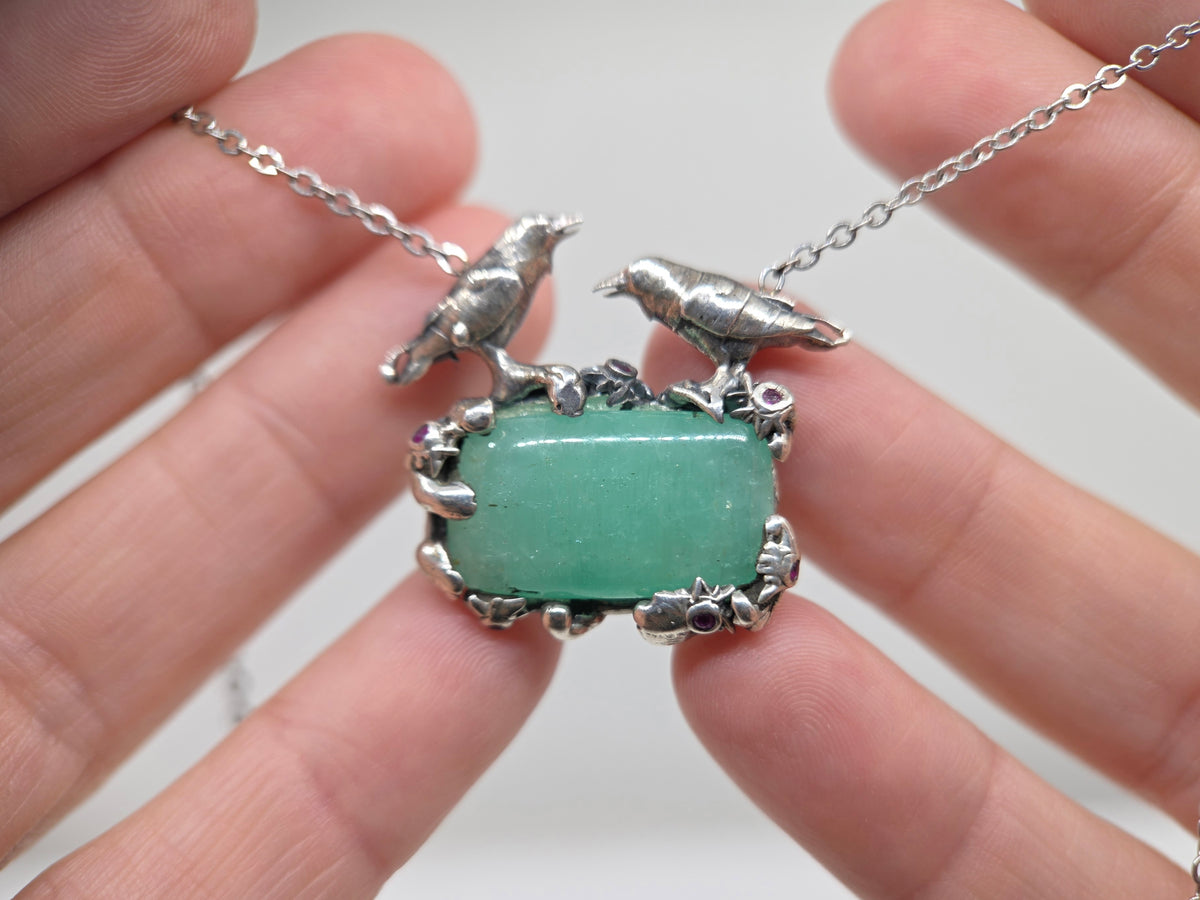 Natural Emerald Pendant Sterling Silver Crow Bird Jewelry #683