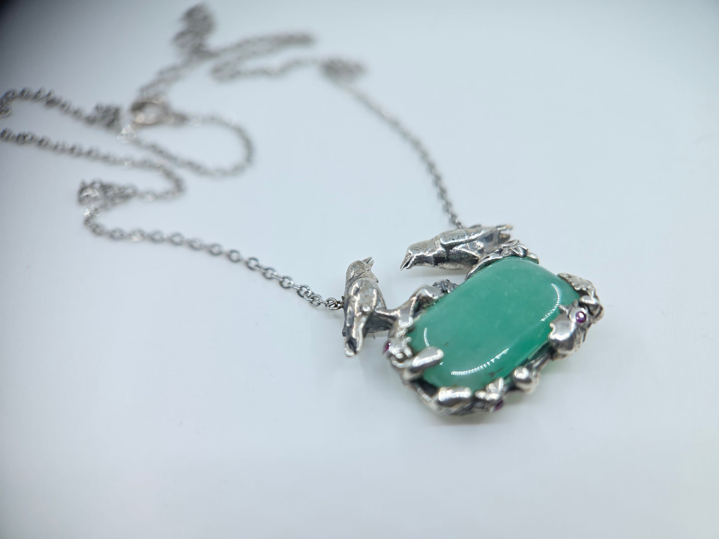Natural Emerald Pendant Sterling Silver Crow Bird Jewelry #683