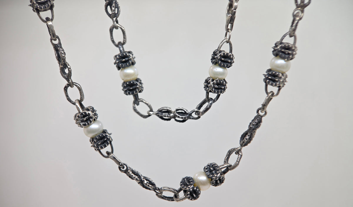 Rustic Silver & Pearl Link Chain - Custom Made Jewelry #688