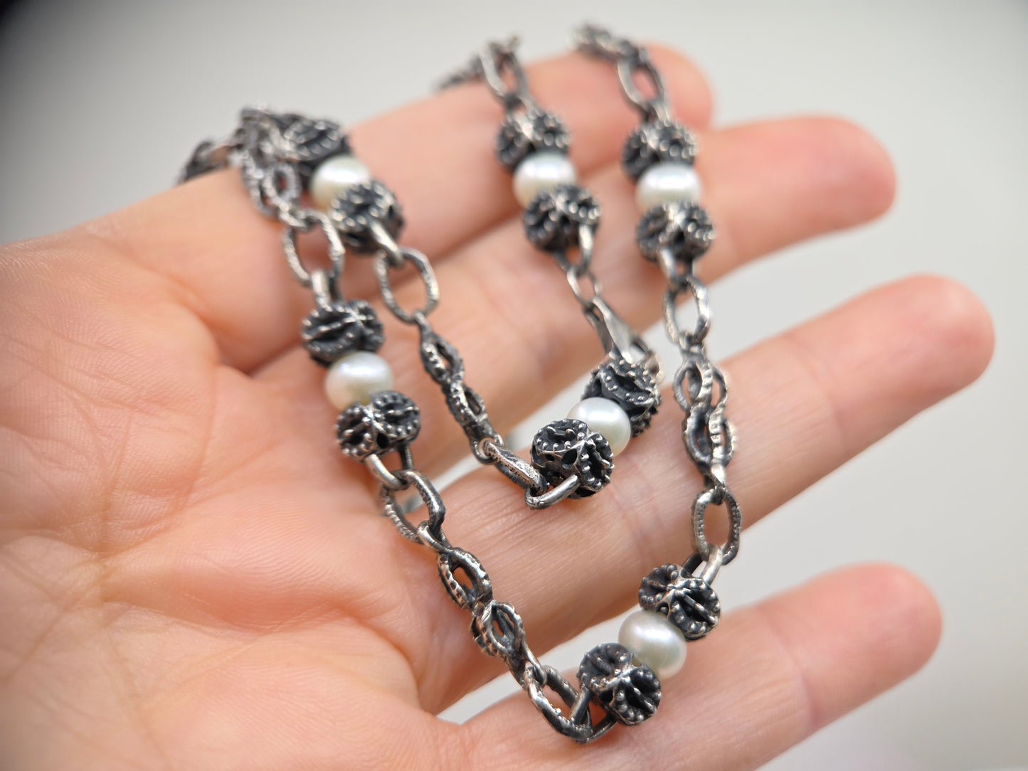 Rustic Silver & Pearl Link Chain - Custom Made Jewelry #688