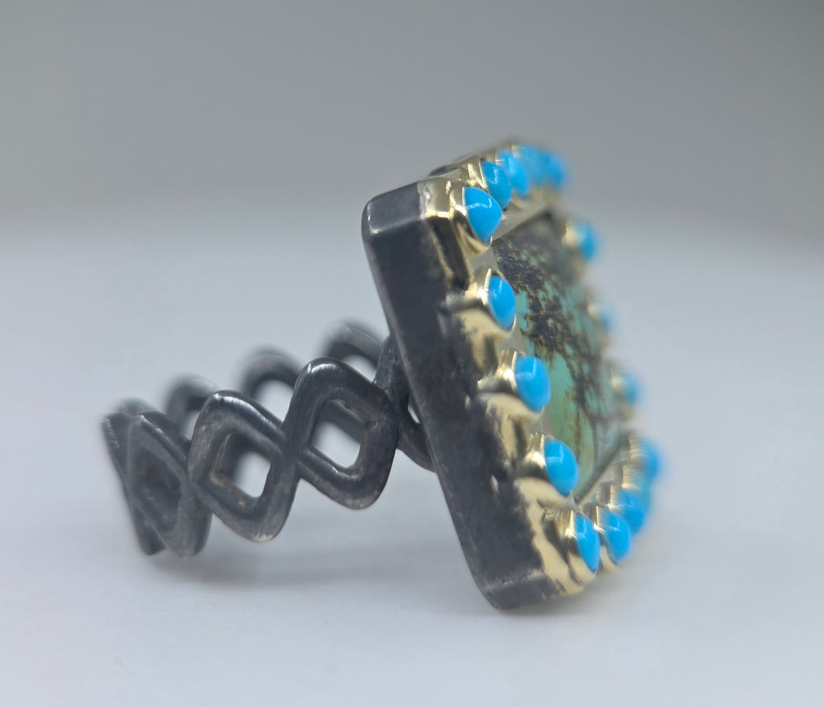 Turquoise Rustic Sterling Silver & Gold Ring #689
