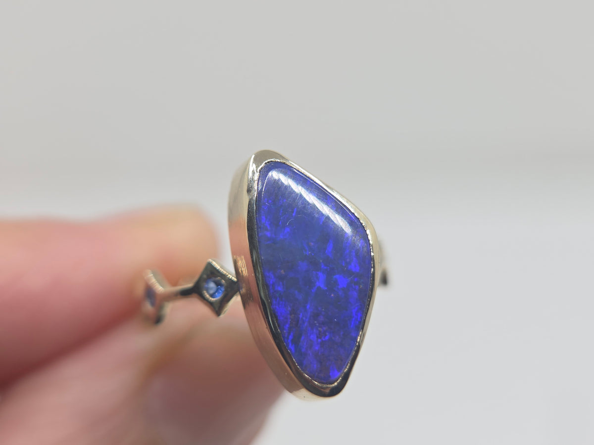 Blue Australian Boulder Opal Ring 14k Yellow Gold - Jewelry #693