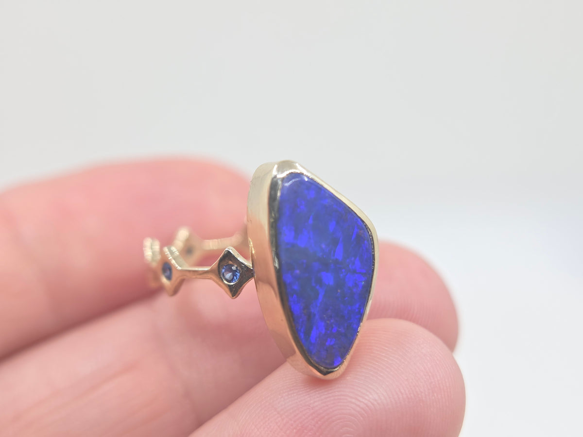 Blue Australian Boulder Opal Ring 14k Yellow Gold - Jewelry #693