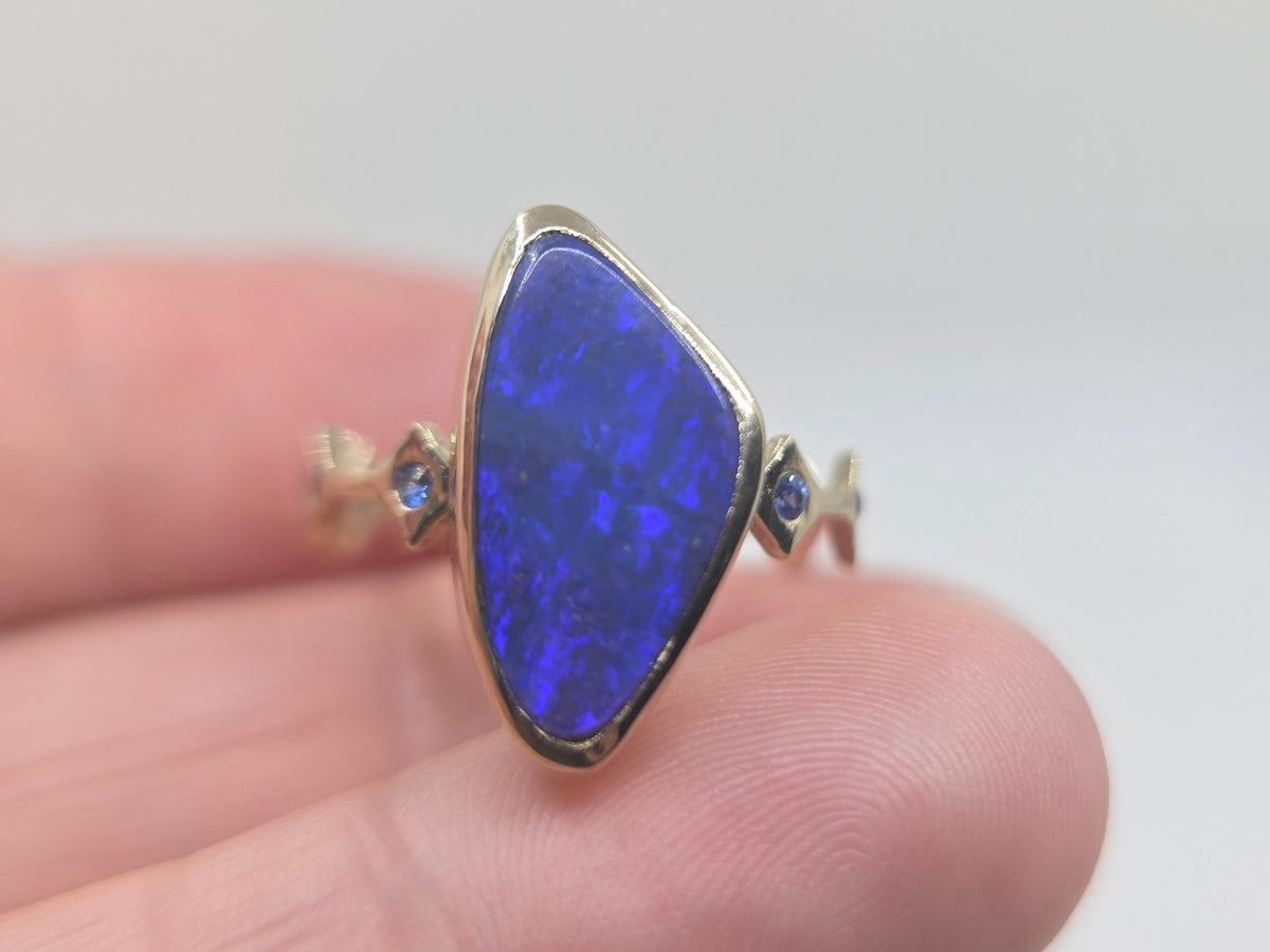 Blue Australian Boulder Opal Ring 14k Yellow Gold - Jewelry #693