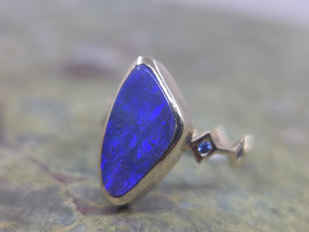 Blue Australian Boulder Opal Ring 14k Yellow Gold - Jewelry #693