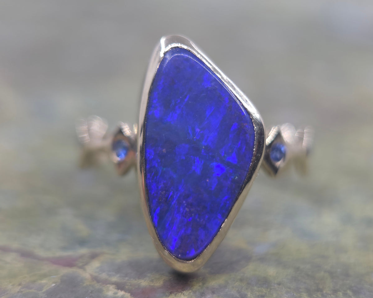 Blue Australian Boulder Opal Ring 14k Yellow Gold - Jewelry #693